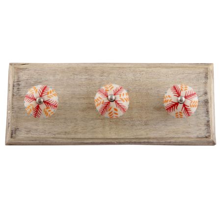 Red Leaf Floral Ceramic Wooden Hooks 